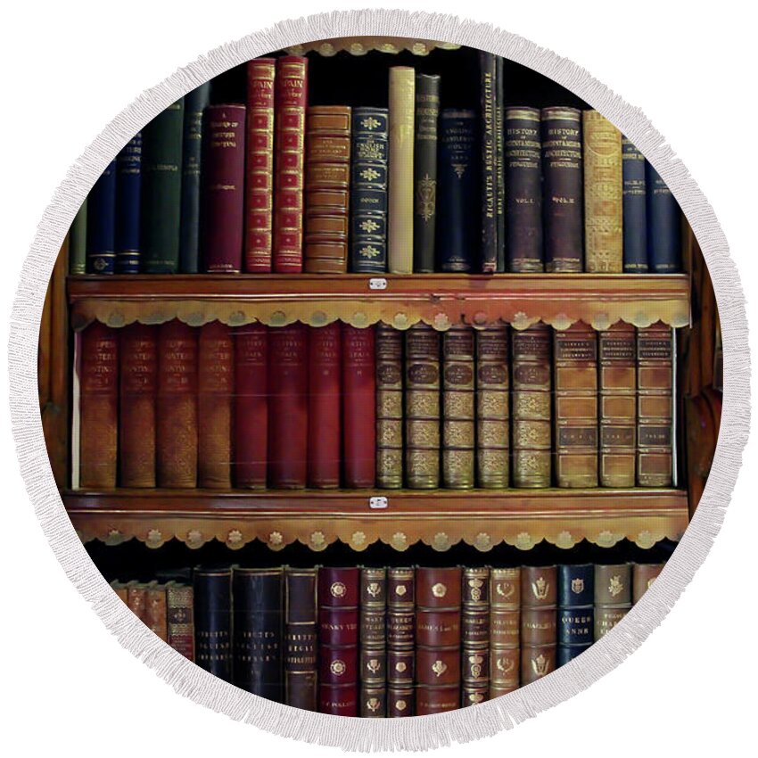 Books Round Beach Towel featuring the photograph Old Leather bound books in a bookcase by Tom Conway