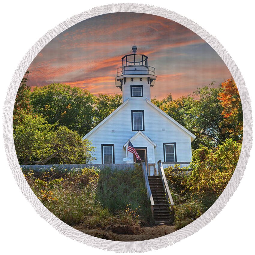 Lighthouse Round Beach Towel featuring the photograph Old Mission Point Lighthouse on Grand Traverse Bay by Randall Nyhof