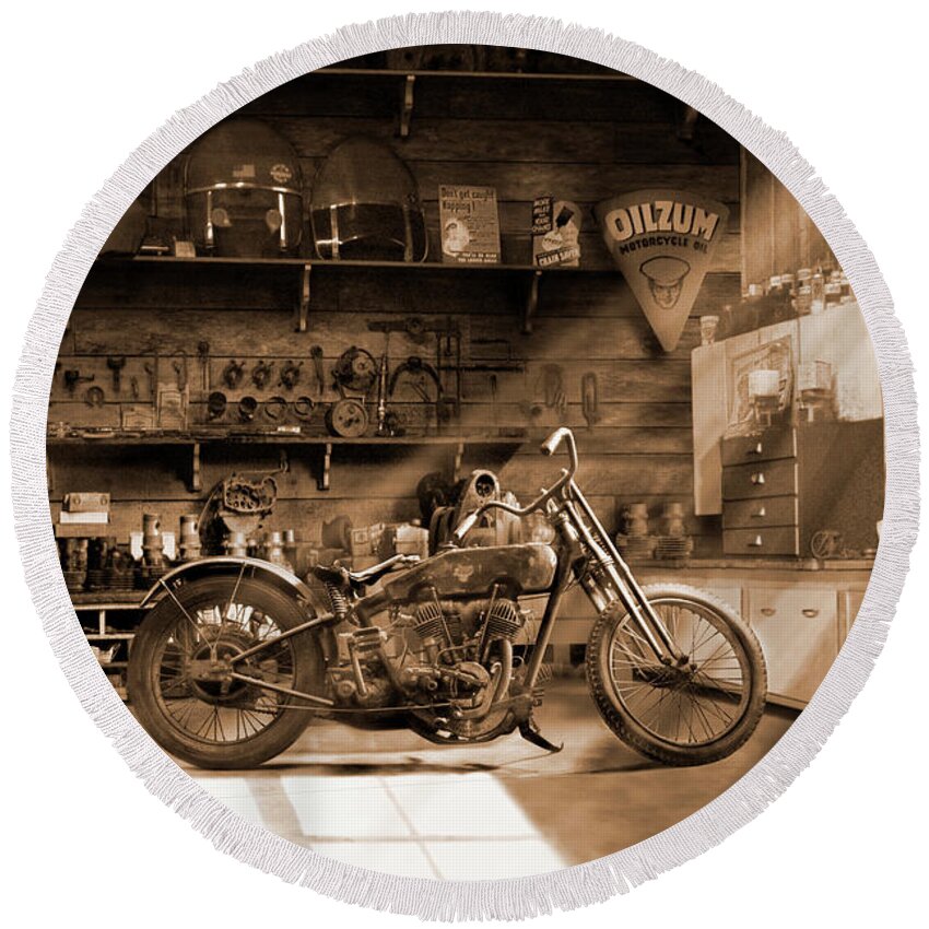 Motorcycle Round Beach Towel featuring the photograph Old Motorcycle Shop by Mike McGlothlen