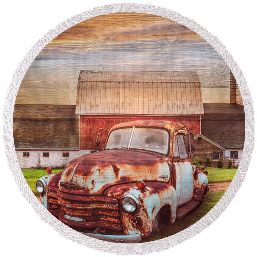 1948 Round Beach Towel featuring the photograph Old Rusty in the Countryside in Wood Textures by Debra and Dave Vanderlaan