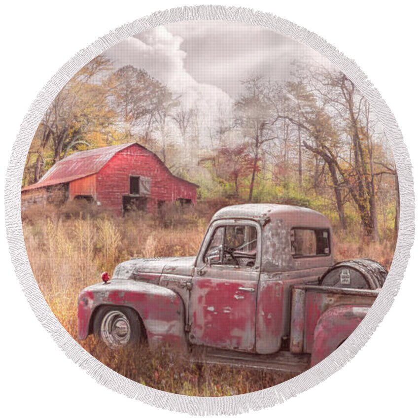 Barns Round Beach Towel featuring the photograph Old Rusty Truck along the Autumn Backroads in Country Colors by Debra and Dave Vanderlaan