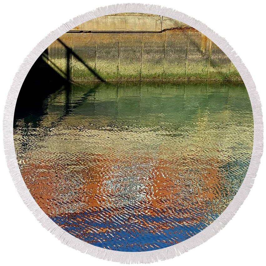 Old Round Beach Towel featuring the photograph Old Sea Wall and Reflections by Katherine Erickson