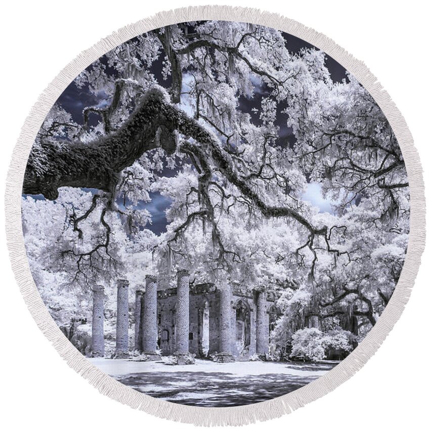 Beaufort Round Beach Towel featuring the photograph Old Sheldon Church in Infrared by Charles Hite