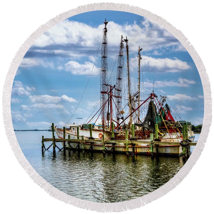 Boats Round Beach Towel featuring the photograph Old Shrimp Boats in the Harbor by Debra and Dave Vanderlaan