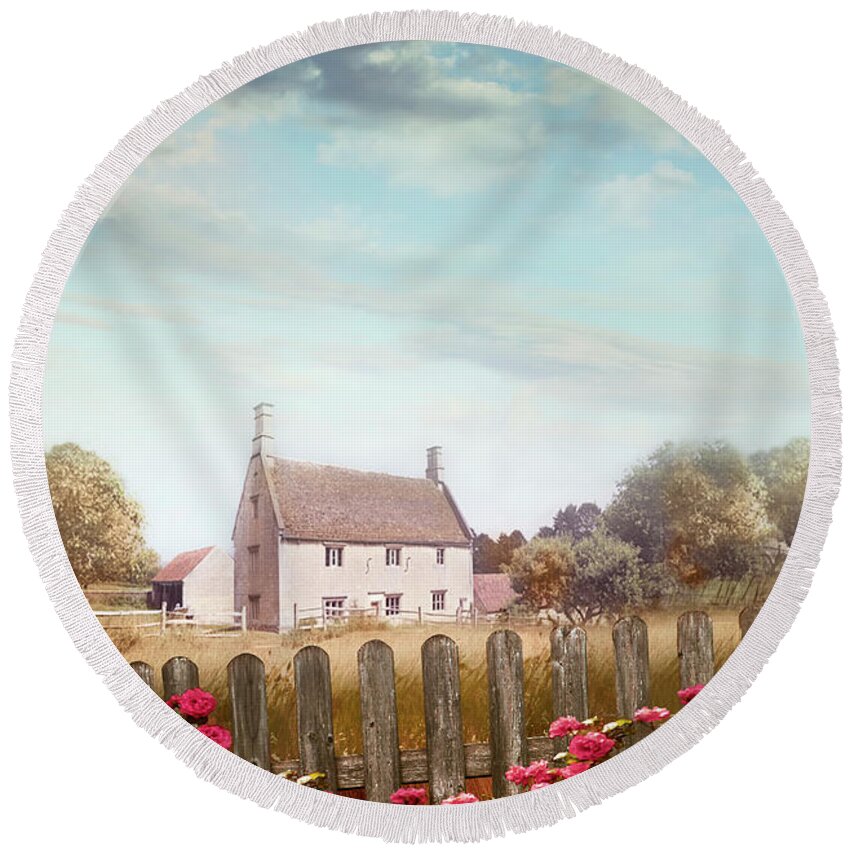 Blue Sky Round Beach Towel featuring the digital art Old stone farmhouse with fence and roses by Sandra Cunningham