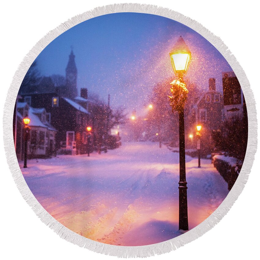 Marblehead Round Beach Towel featuring the photograph Old Town Marblehead Snowstorm Looking up at Abbot Hall Square by Toby McGuire