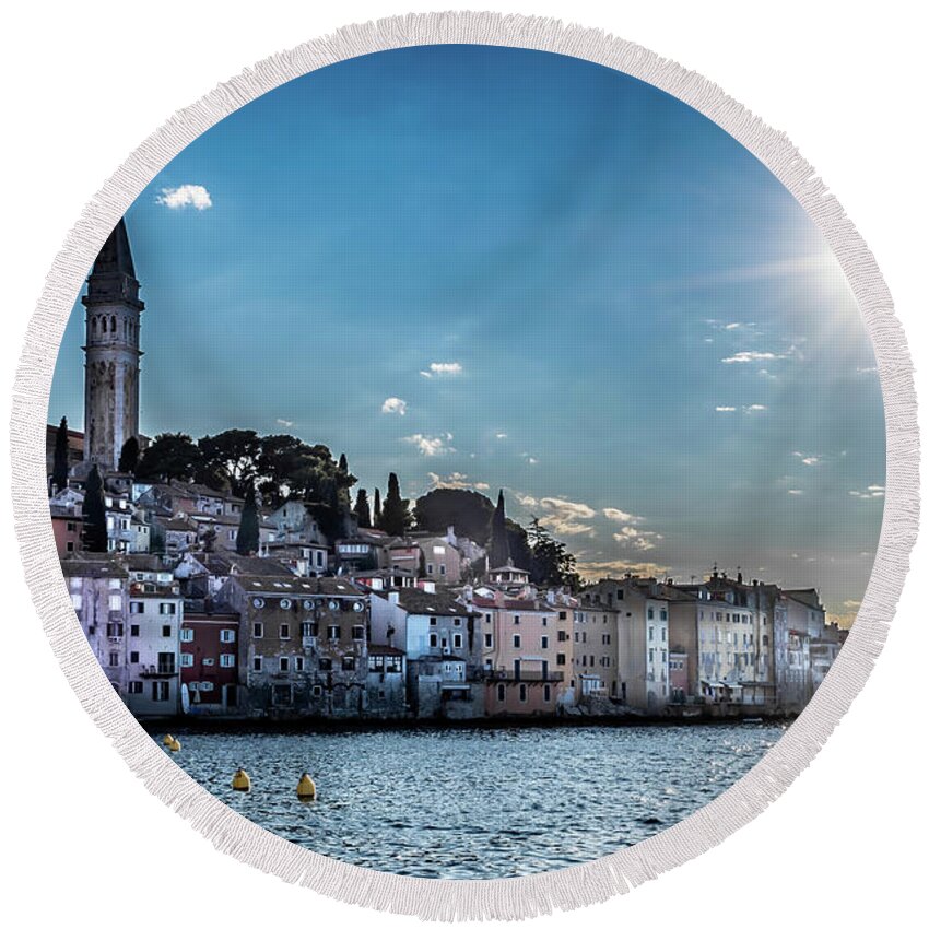 Croatia Round Beach Towel featuring the photograph Old Town Of The City Of Rovinj In Croatia by Andreas Berthold