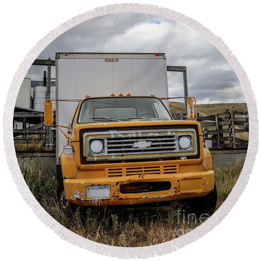 Montana Round Beach Towel featuring the photograph Old Truck Story Mill and Livestock Auction by Edward Fielding