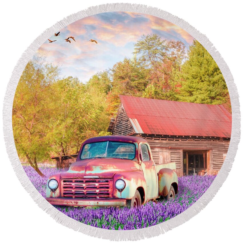 1949 Round Beach Towel featuring the photograph Old Truck Wildflower Meadow by Debra and Dave Vanderlaan