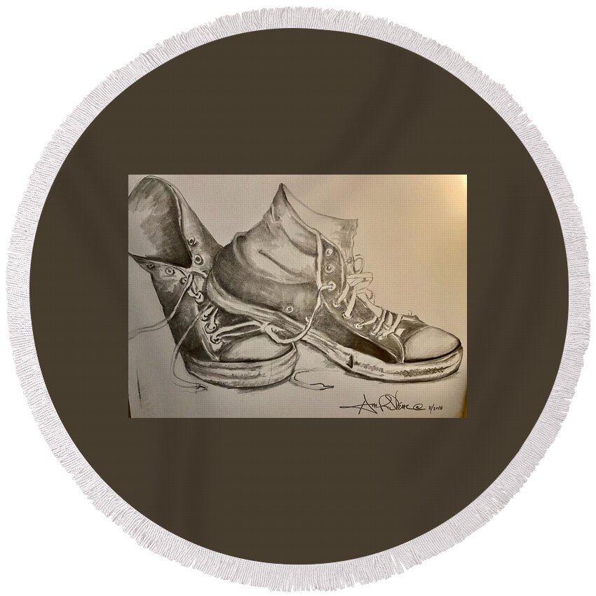  Round Beach Towel featuring the drawing Ole Sneakers by Angie ONeal