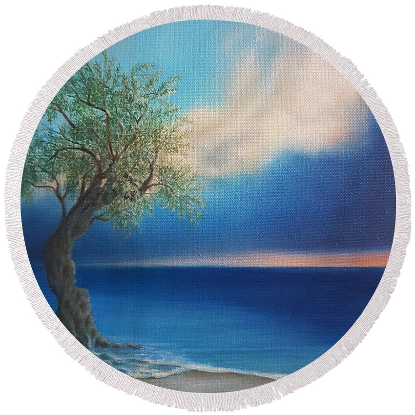 #oiloncanvas Seascape #olivetree Round Beach Towel featuring the painting Olive and Sea 2 by Caroline Philp