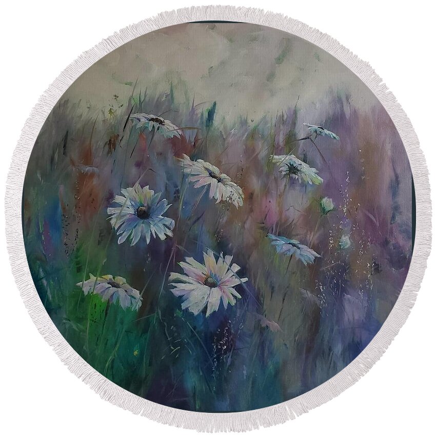 Landscape Round Beach Towel featuring the painting On a Bed of Daisies by Sheila Romard