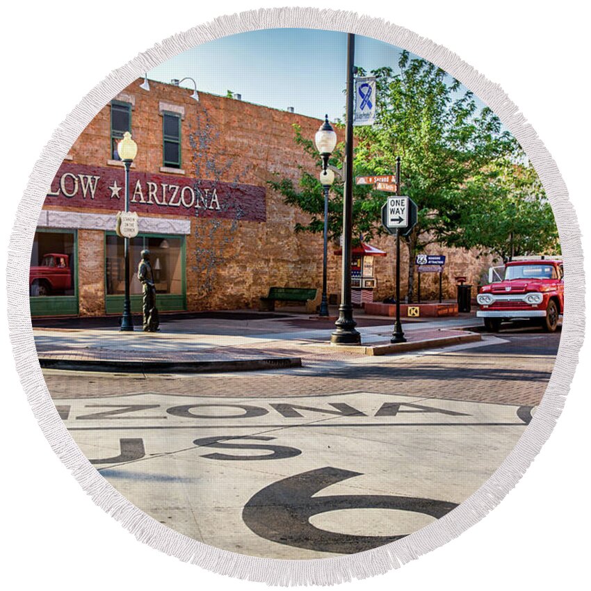 Adamson Round Beach Towel featuring the photograph On The Corner in Winslow Arizona by Paul LeSage