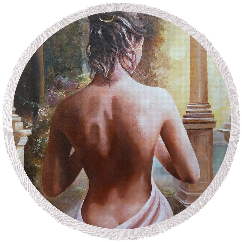 Female Figure Round Beach Towel featuring the painting On The Doorway by Sinisa Saratlic
