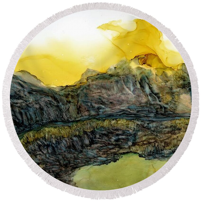 Mountains Round Beach Towel featuring the painting On the low road by Angela Marinari