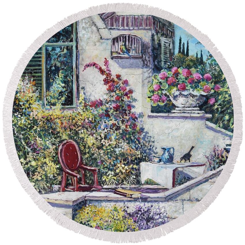 Original Painting Round Beach Towel featuring the painting On The Porch by Sinisa Saratlic