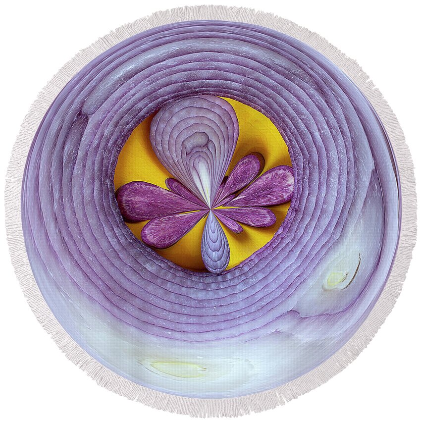 Purple Sweet Potatoes Round Beach Towel featuring the digital art Onion and Sweet Potato Orb 2 by Elisabeth Lucas