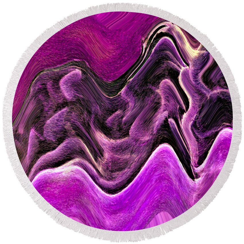 Abstract Round Beach Towel featuring the digital art Open Oyster Abstract - Purple by Ronald Mills