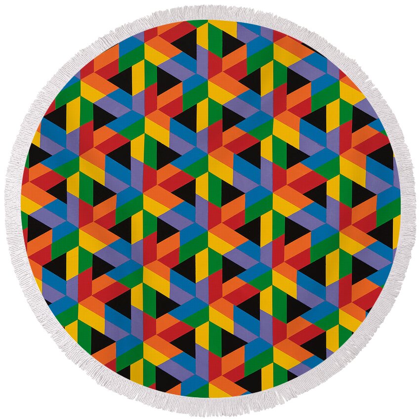 Abstract Round Beach Towel featuring the painting Open Hexagonal Lattice II with Square Cropping by Janet Hansen