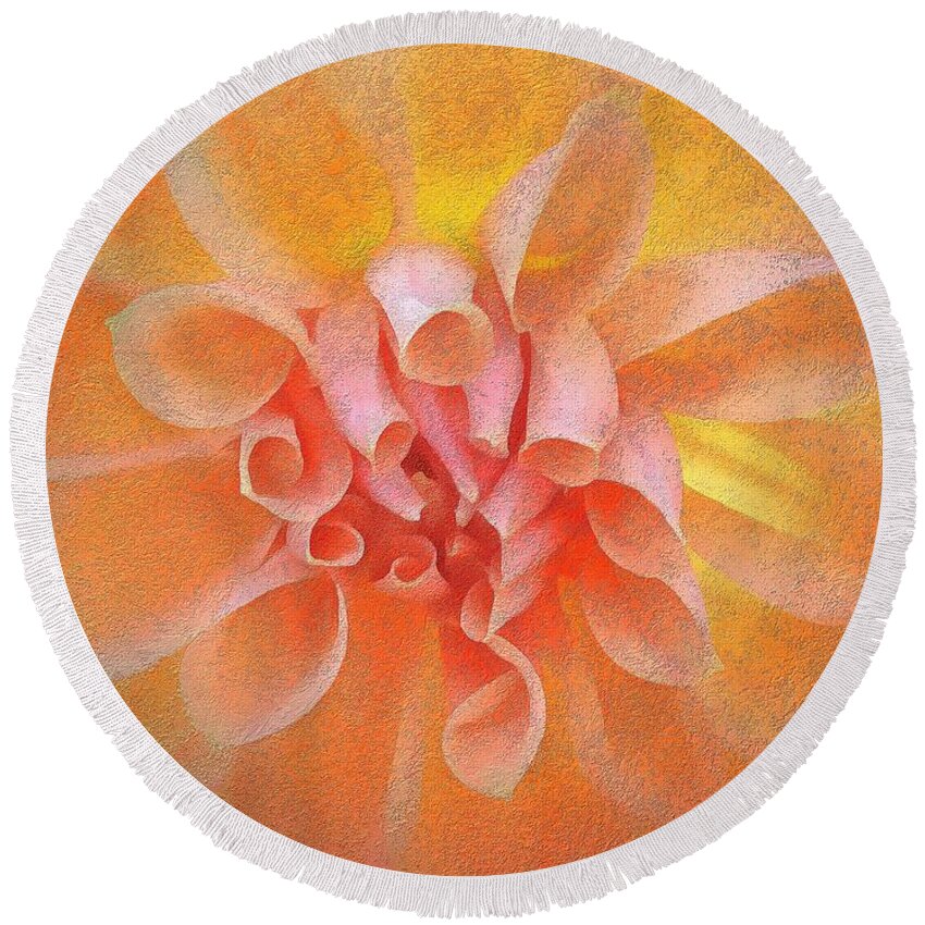 Dahlia Round Beach Towel featuring the photograph Orange Dahlia with an Inner Glow by Sea Change Vibes