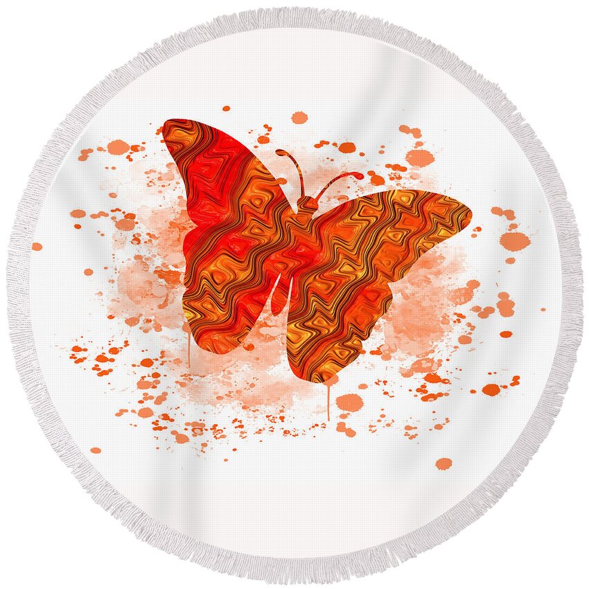 Fractal Round Beach Towel featuring the mixed media Orange Butterfly Fractal Watercolor Fusion Art by Shelli Fitzpatrick