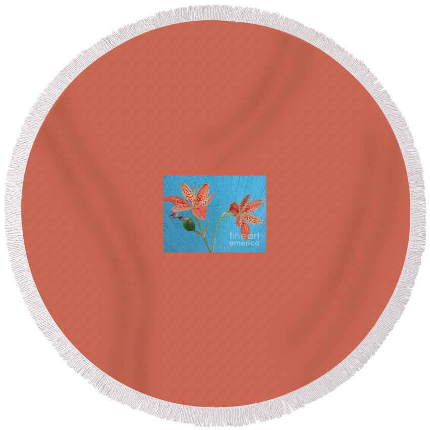 Orange Round Beach Towel featuring the photograph Orange Lily on blue by Nancy Graham