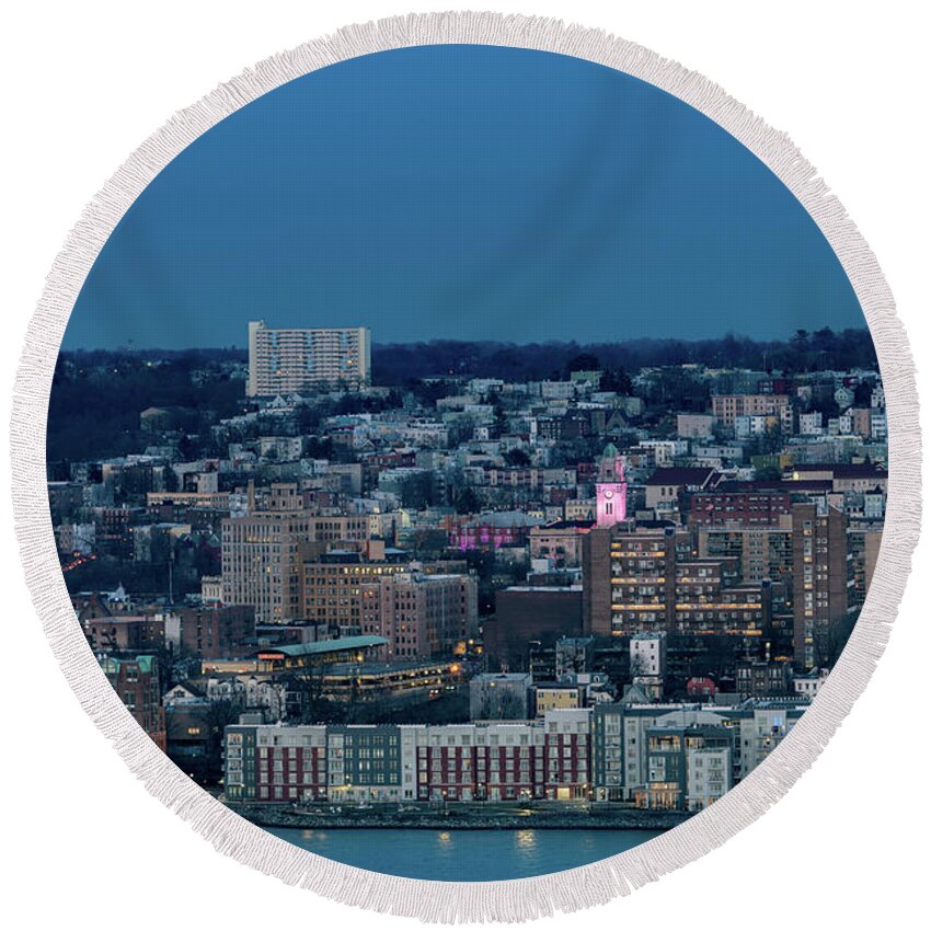 City Hall Round Beach Towel featuring the photograph Orange Moon Rising over Yonkers by Kevin Suttlehan