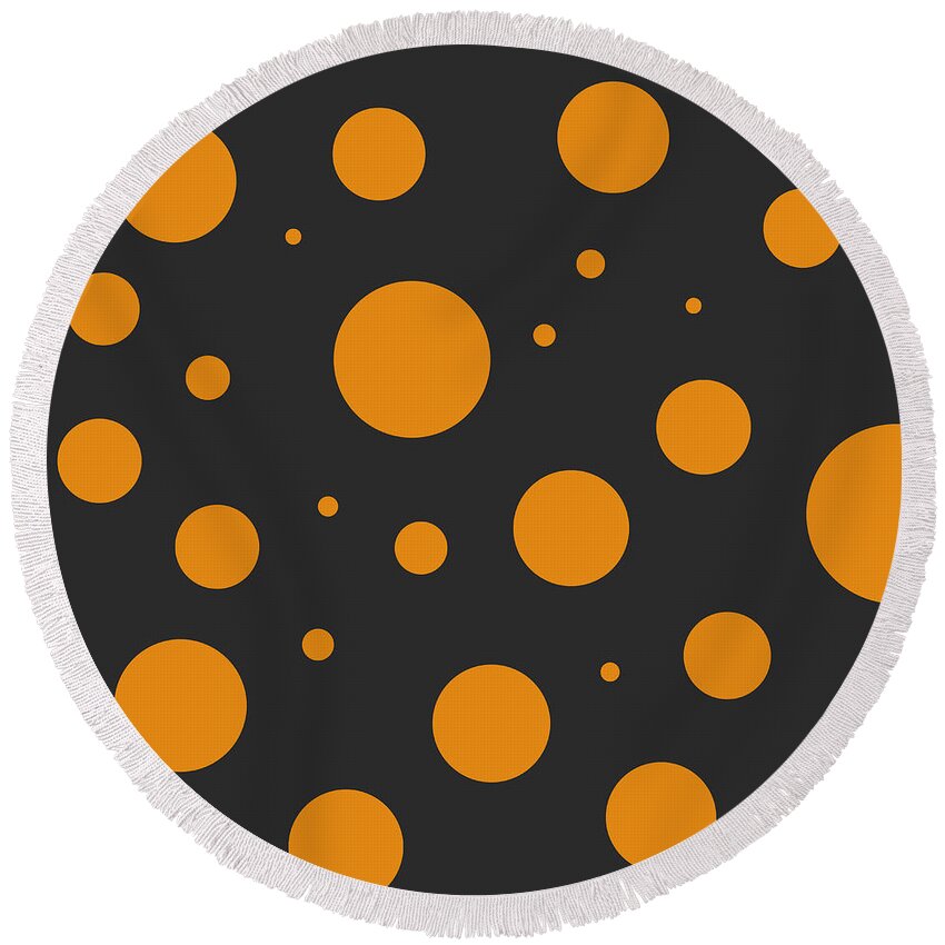 Polka Round Beach Towel featuring the digital art Orange Polka Dot Pattern on Black by Jason Fink