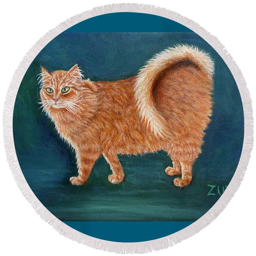American Ringtail Cat Round Beach Towel featuring the painting Orange Ringtail Cat by Karen Zuk Rosenblatt