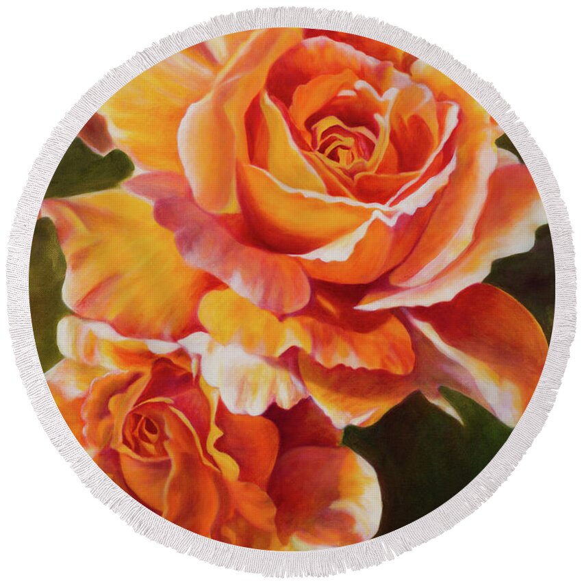 Oil Painting Round Beach Towel featuring the painting Orange Roses by Tammy Pool
