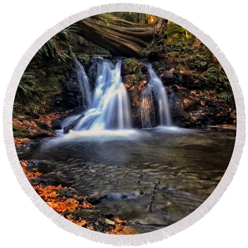 Orcas Island Round Beach Towel featuring the photograph Orcas Island Waterfall by Jerry Abbott