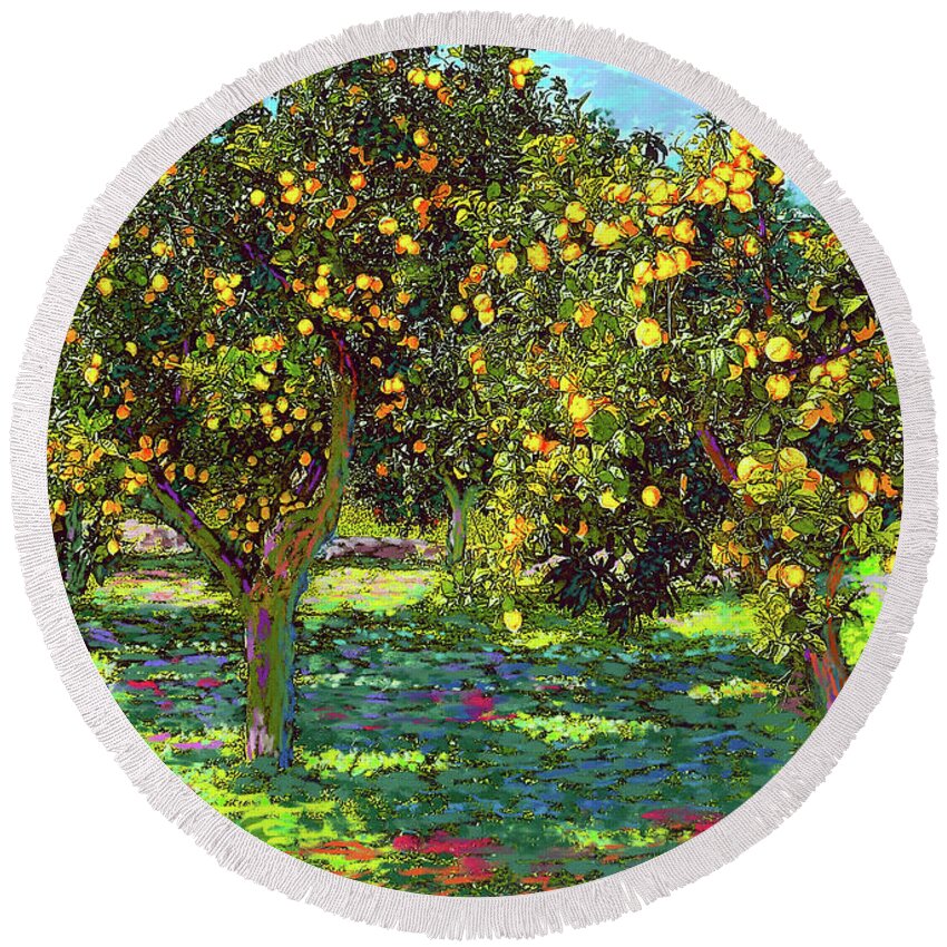 Landscape Round Beach Towel featuring the painting Orchard of Lemon Trees by Jane Small