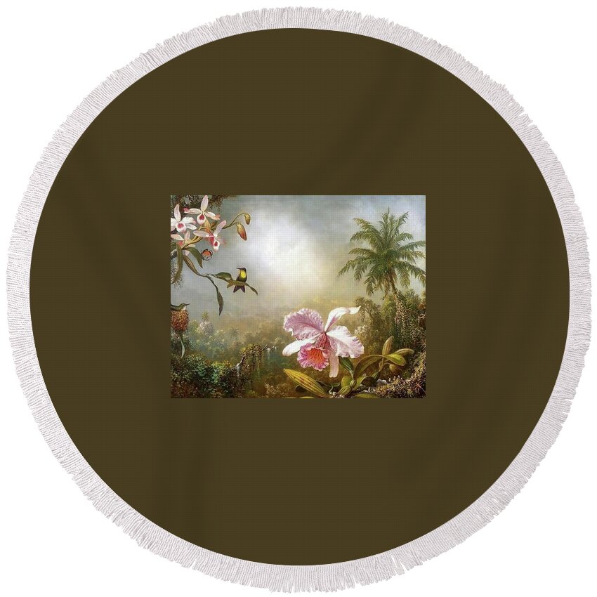 Martin Johnson Heade Round Beach Towel featuring the painting Orchids Nesting Hummingbirds And A Butterfly by Martin Johnson Heade