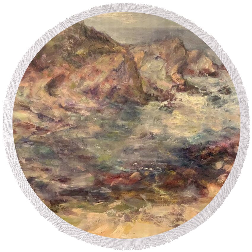 Impressionist Round Beach Towel featuring the painting Oregon Coast - Cape Arago - Simpson Beach by Quin Sweetman