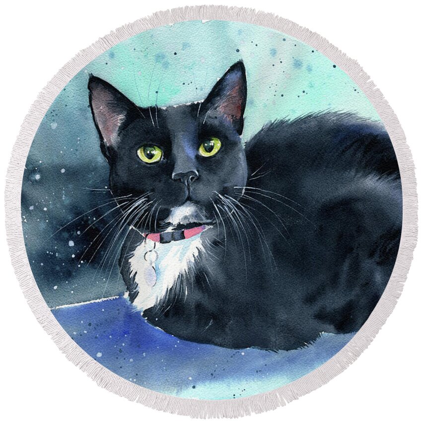 Cats Round Beach Towel featuring the painting Oreo Tuxedo Cat Painting by Dora Hathazi Mendes