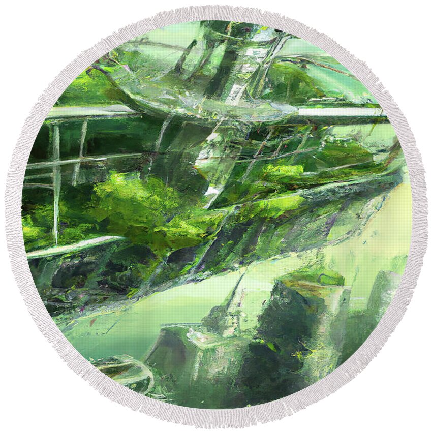 Space City Round Beach Towel featuring the digital art Organic Green Futuristic City by Cathy Anderson