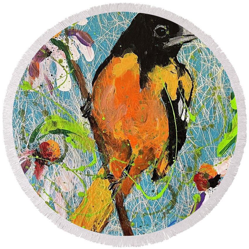 Birds Round Beach Towel featuring the painting Oriole by Elaine Elliott