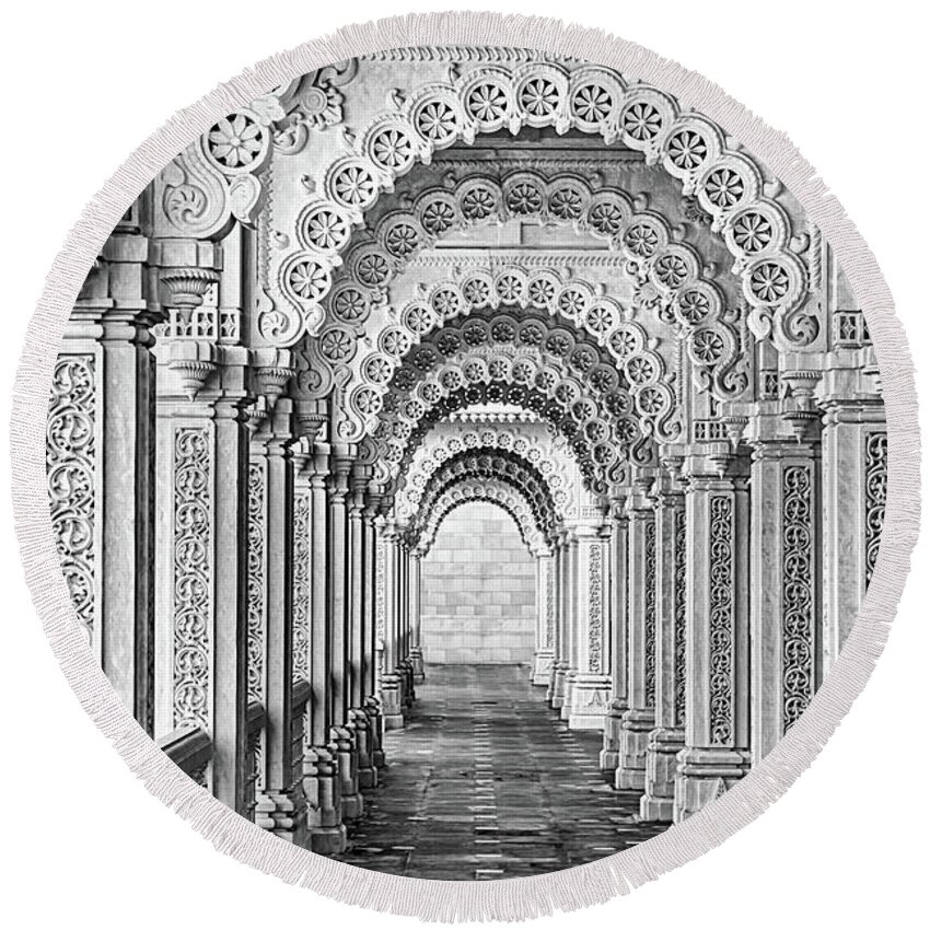Hindu Temple Round Beach Towel featuring the photograph Ornate Marble Arches by Elvira Peretsman