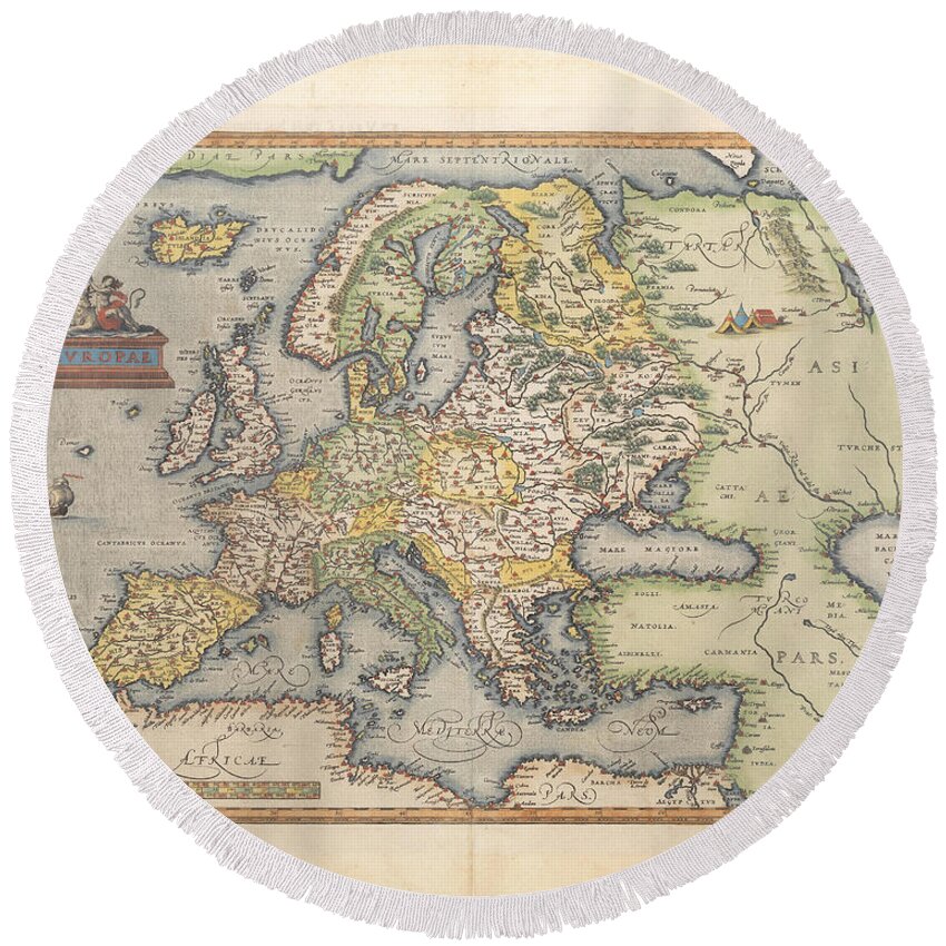 Map Round Beach Towel featuring the painting ORTELIUS Europae by MotionAge Designs