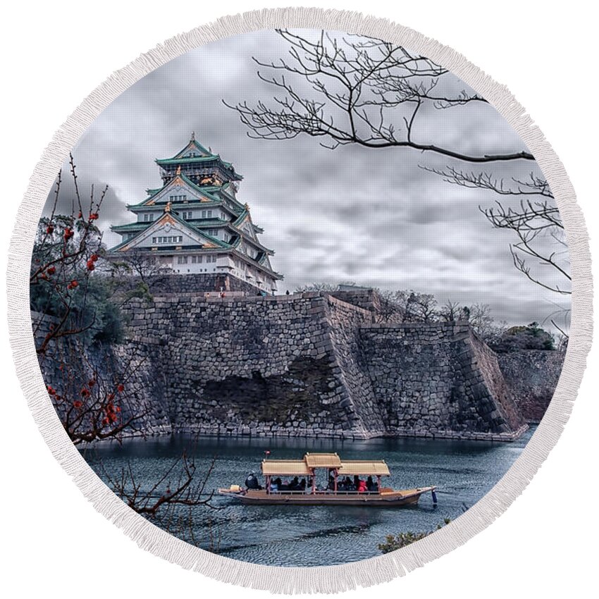 Osaka Round Beach Towel featuring the photograph Osaka Castle by Manjik Pictures