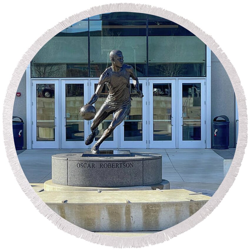 Basketball Round Beach Towel featuring the photograph Oscar Robertson Statue in Front of University of Cincinnati Fifth Third Arena 5318 by Jack Schultz