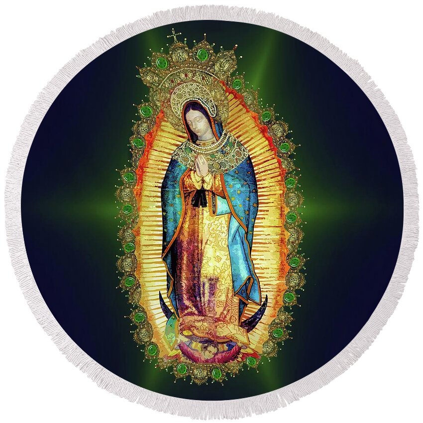 Aztec Round Beach Towel featuring the mixed media Our Lady of Guadalupe Mexican Virgin Mary Aztec Mexico by Juan Diego