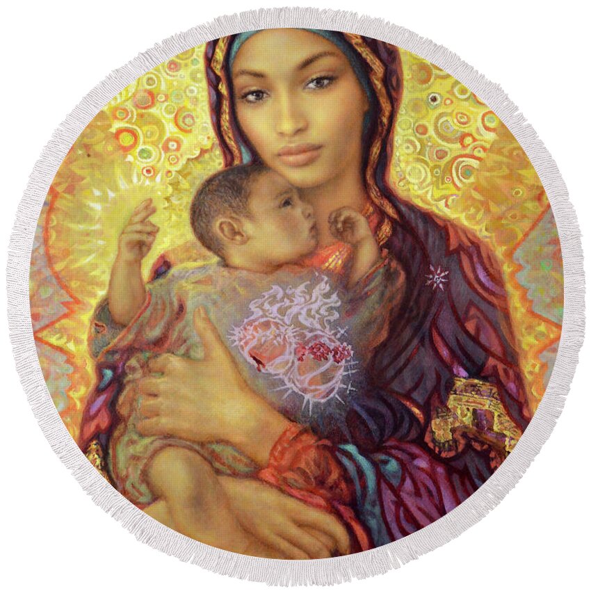 Our Lady Round Beach Towel featuring the painting Our Lady of Kibeho by Smith Catholic Art