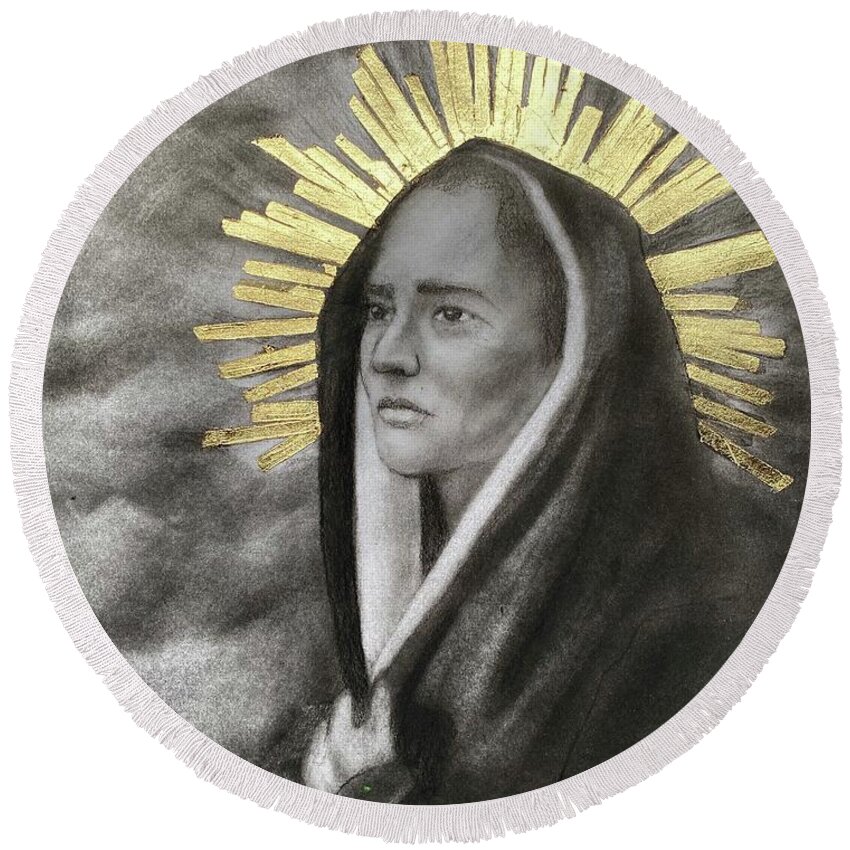 Our Lady Of Sorrows Round Beach Towel featuring the drawing Our Lady of Sorrows by Nadija Armusik