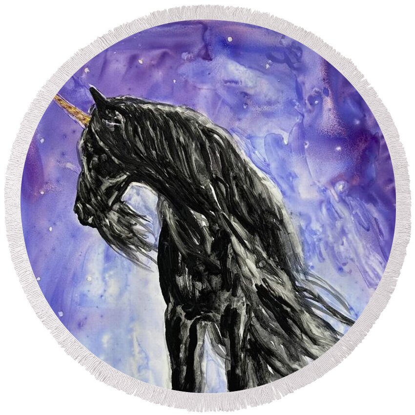 Friesian Round Beach Towel featuring the mixed media Out Of The Amethyst Mist by Louise Green