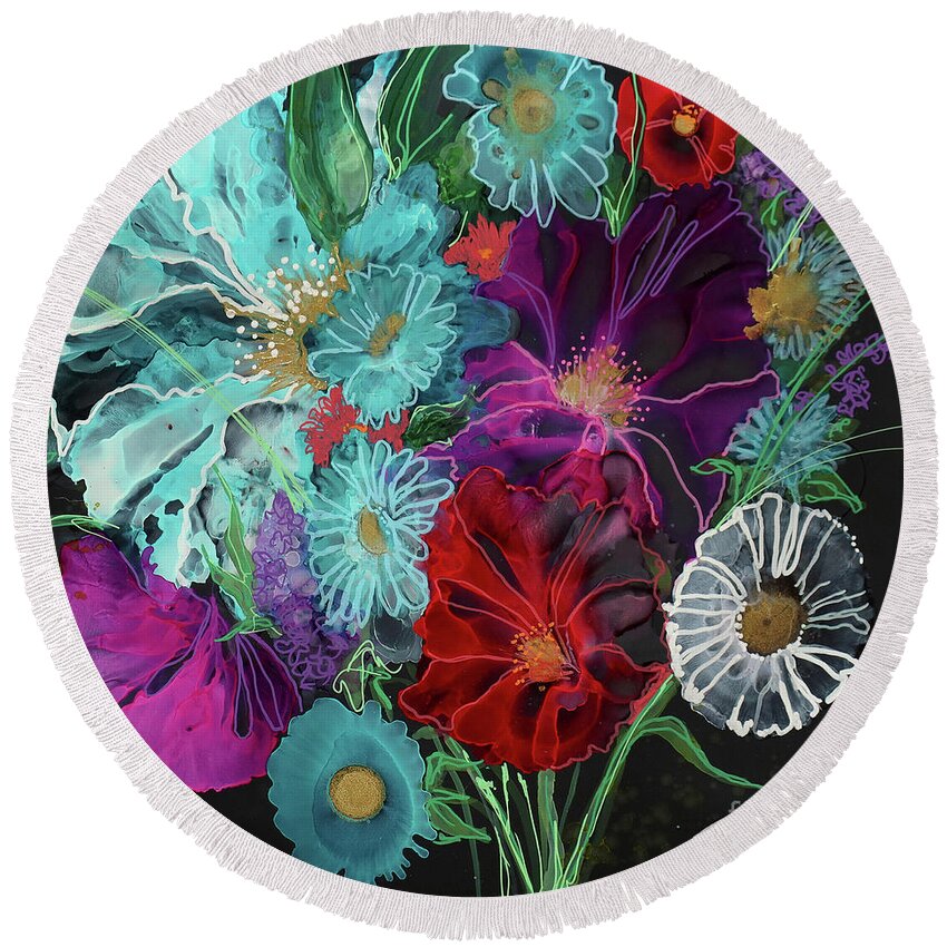  Round Beach Towel featuring the painting Out of the Dark by Julie Tibus