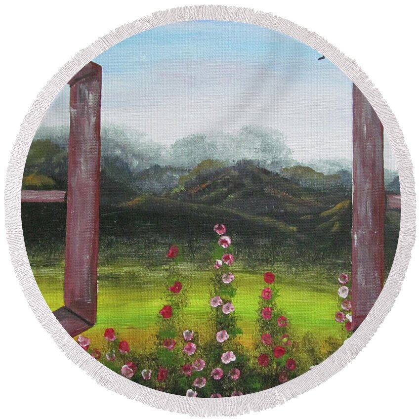 Window Round Beach Towel featuring the painting Out The Window by Gloria E Barreto-Rodriguez
