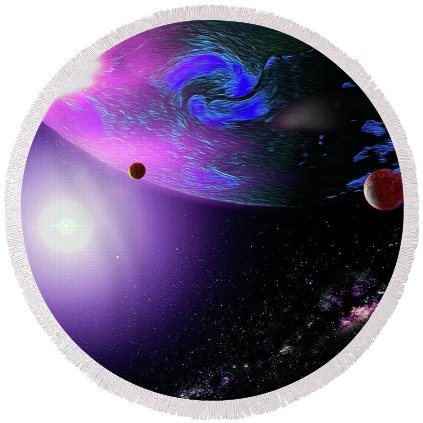  Round Beach Towel featuring the digital art Outer Space Giant Planet and Moons by Don White Artdreamer