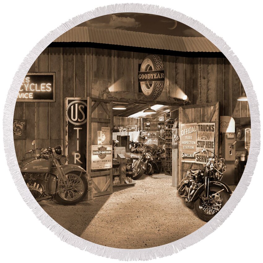 Motorcycle Round Beach Towel featuring the photograph Outside The Old Motorcycle Shop - Spia by Mike McGlothlen