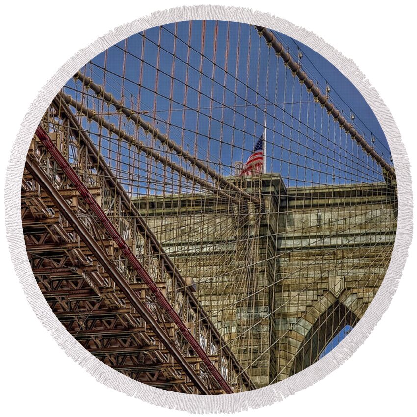 Brooklyn Bridge Round Beach Towel featuring the photograph Over and Under Brooklyn Bridge by Susan Candelario